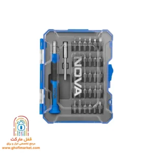 مجموعه 32 عددی پیچ‌گوشتی موبایلی نووا مدل NTS-1328 با سری‌های متنوع و دسته ارگونومیک