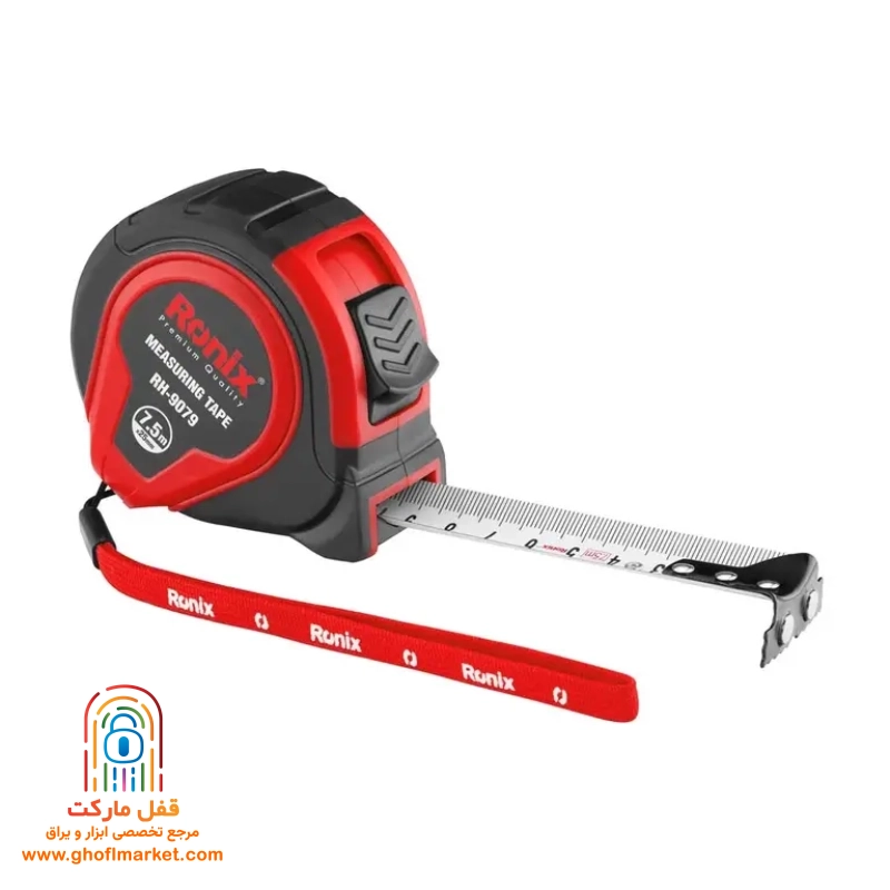ronix-tape-7-5m-rh9079 متر ۷.۵ متری رونیکس RH-9079 با بدنه مشکی-قرمز و تیغه کشیدهشده