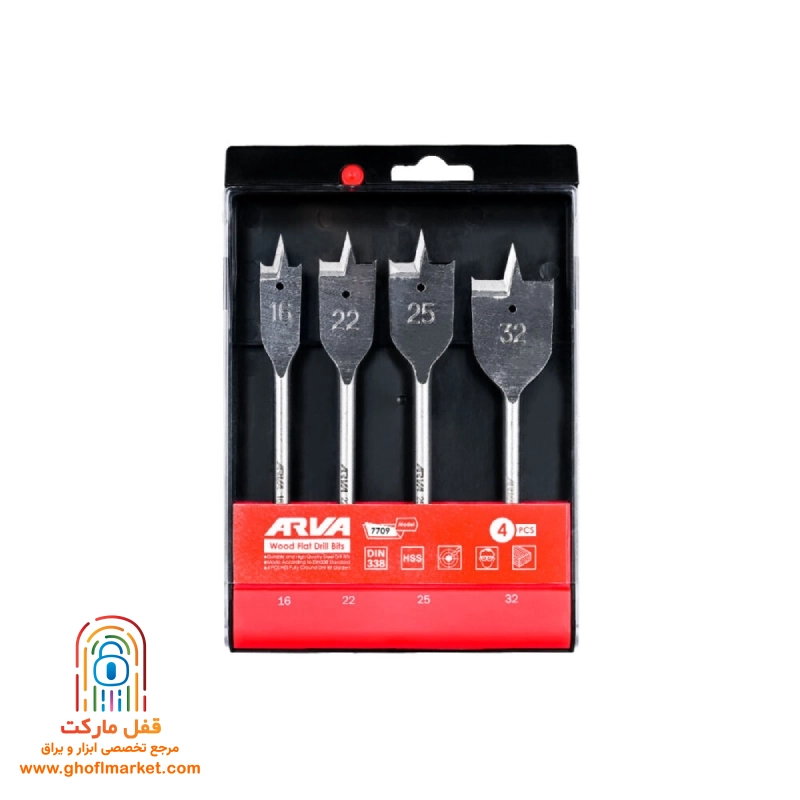arva-7709-wood-bit-set ست مته برگی 4 پارچه چوب آروا مدل 7709 شامل سایزهای 16 تا 32 میلی متر برای سوراخ کاری دقیق
