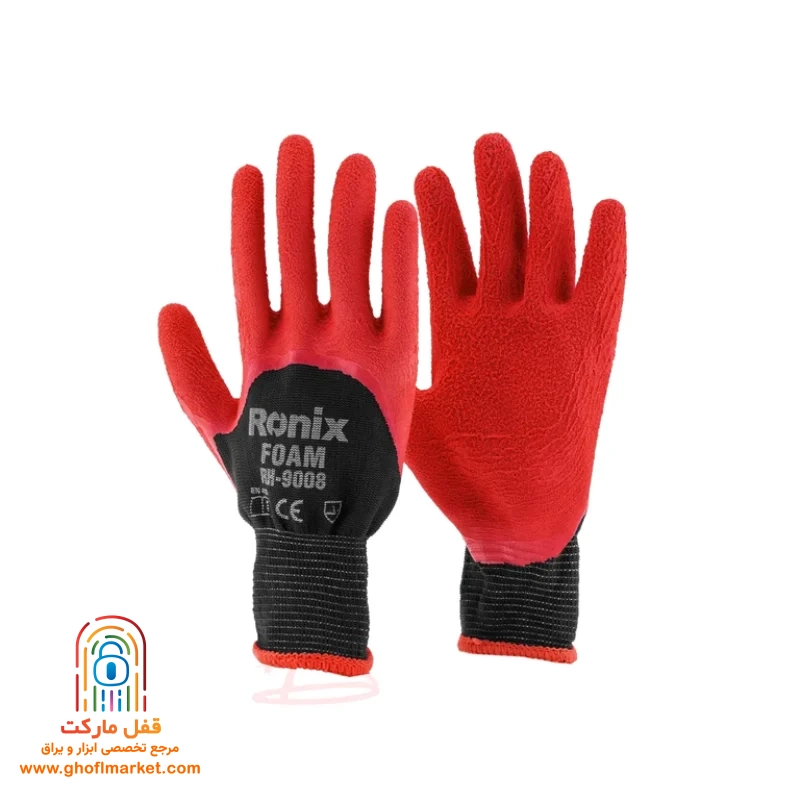ronix-safety-glove-rh9008 یک جفت دستکش ایمنی رونیکس RH-9008 قرمز مشکی با روکش فوم لاتکس