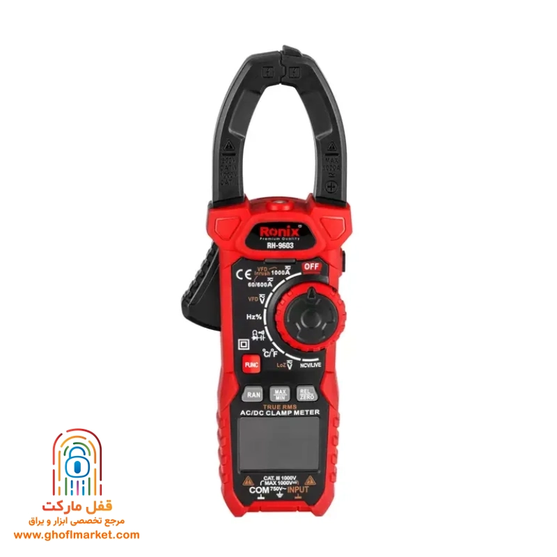 true-rms-display نمایشگر 6000 شمارش مولتی متر کلمپی رونیکس RH-9603 با نور پس زمینه و نمودار آنالوگ